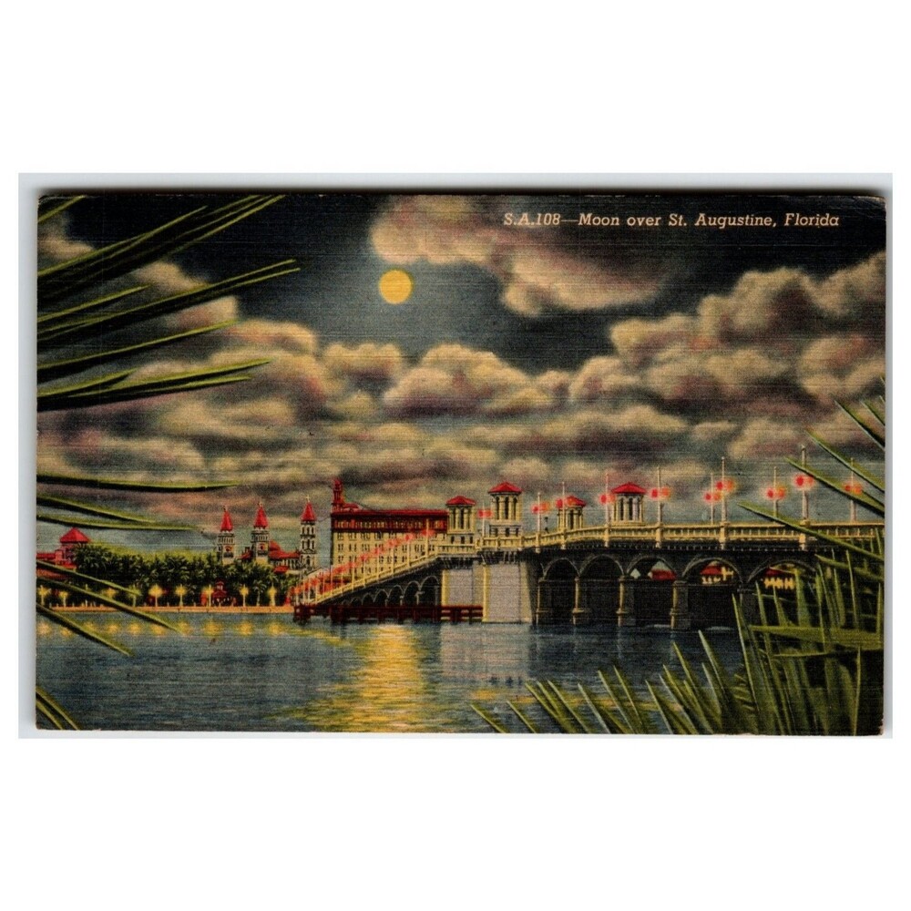 Moon Over St. Augustine FL Bridge of Lions Linen Postcard 1951 C.T